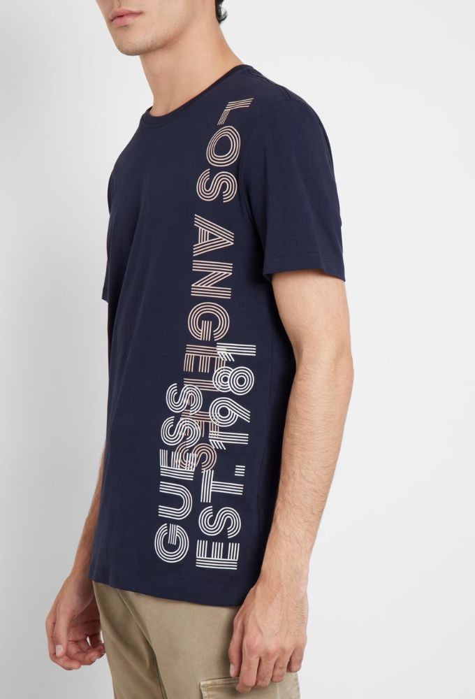 Guess Ανδρικό Ελαστικό Τ-shirt Μπλέ Σκούρο με Λογότυπο στο Πλάι - Image 2