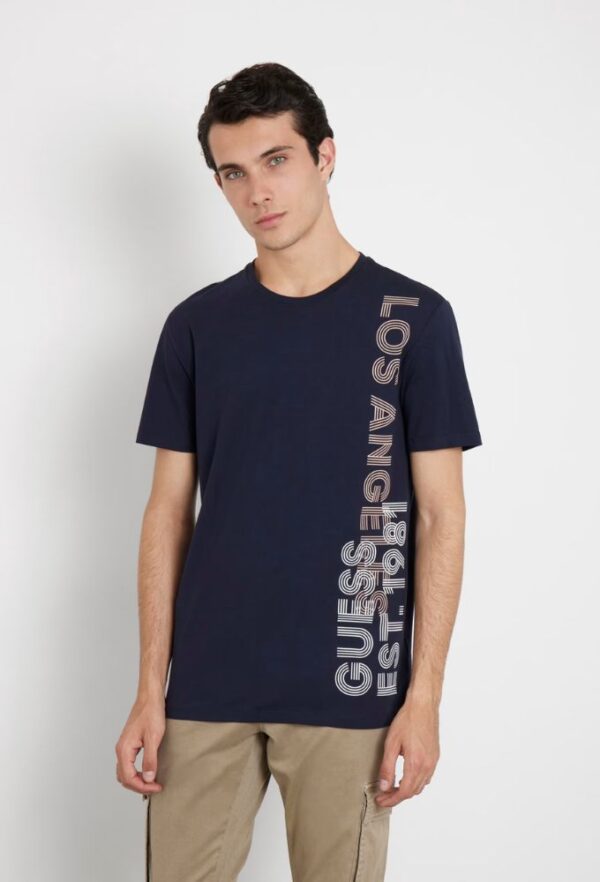 Guess Ανδρικό Ελαστικό Τ-shirt Μπλέ Σκούρο με Λογότυπο στο Πλάι