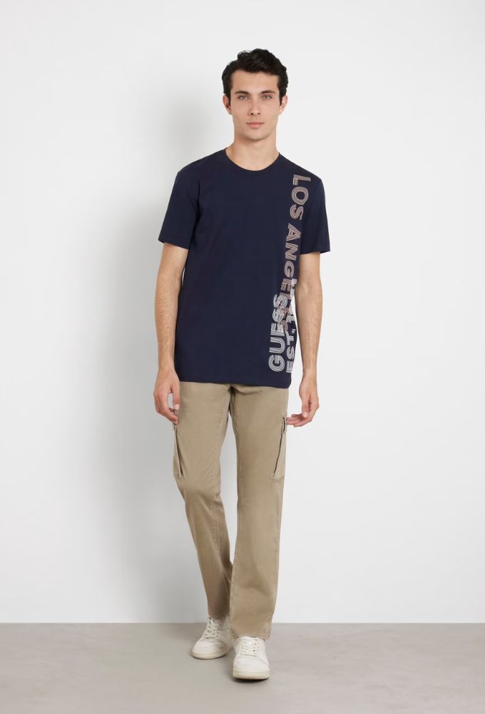 Guess Ανδρικό Ελαστικό Τ-shirt Μπλέ Σκούρο με Λογότυπο στο Πλάι - Image 3