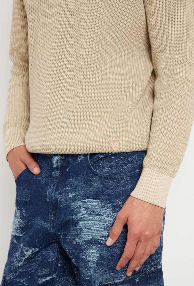 Guess Ανδρικό Πλεκτό Ριμπ Πουλόβερ Μπεζ - Image 4