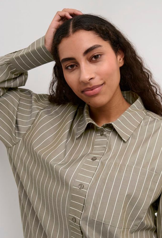 Kaffe KAjerrie Γυναικείο Πουκάμισο Γκρί Μελανζέ με Ρίγες Άσπρες - Image 4