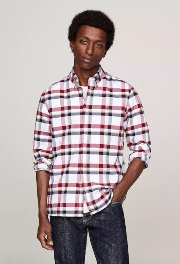 Tommy Hilfiger Ανδρικό Πουκάμισο Βαμβακερό Καρό με Κανονική Γραμμή Μπορντo