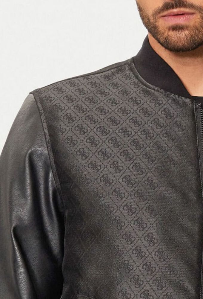 Guess Ανδρικό Δερμάτινο Μπουφάν Biker Αδιάβροχο και Αντιανεμικό Μαύρο - Image 3