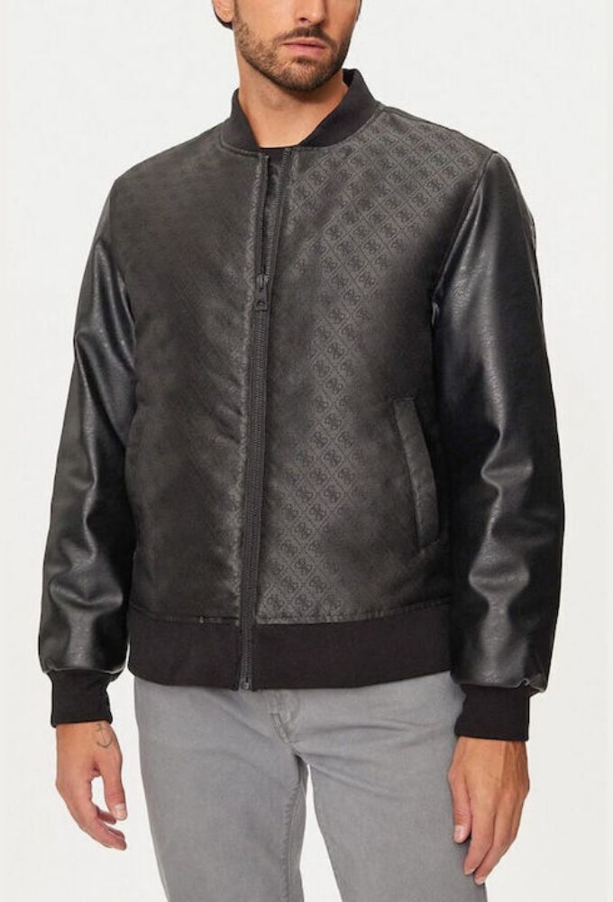 Guess Ανδρικό Δερμάτινο Μπουφάν Biker Αδιάβροχο και Αντιανεμικό Μαύρο