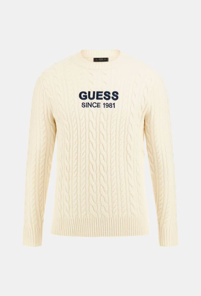 Guess Σύμμεικτο Mάλλινο Πουλόβερ με Λογότυπο Μπροστά Εκρού - Image 5