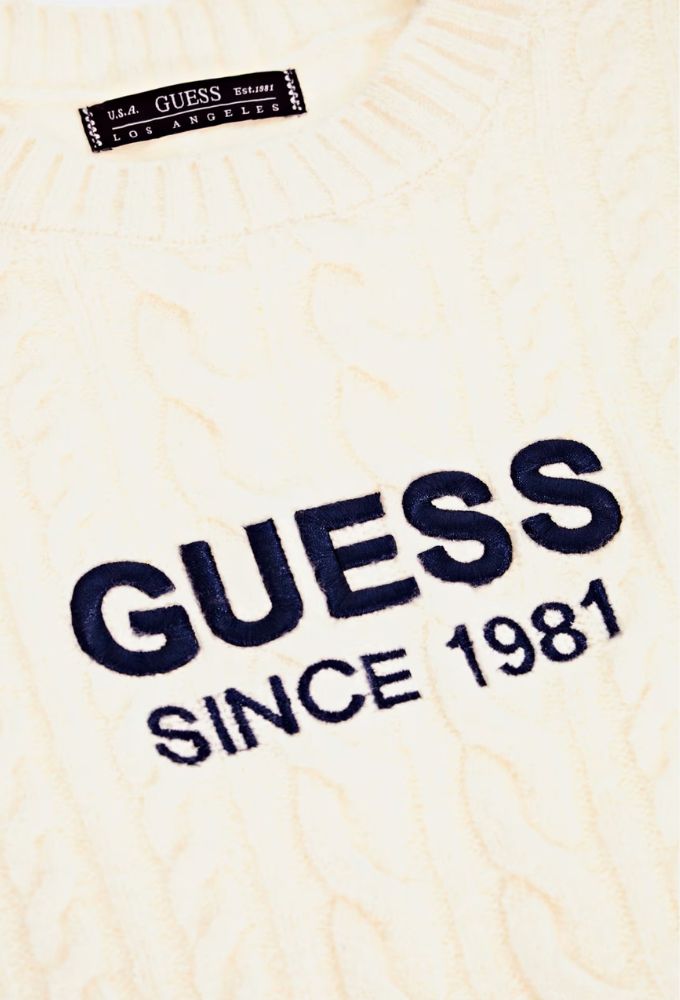 Guess Σύμμεικτο Mάλλινο Πουλόβερ με Λογότυπο Μπροστά Εκρού - Image 3