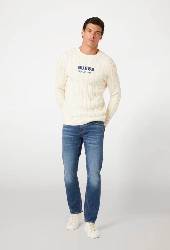 Guess Σύμμεικτο Mάλλινο Πουλόβερ με Λογότυπο Μπροστά Εκρού - Image 4