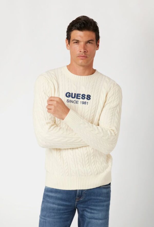 Guess Σύμμεικτο Mάλλινο Πουλόβερ με Λογότυπο Μπροστά Εκρού