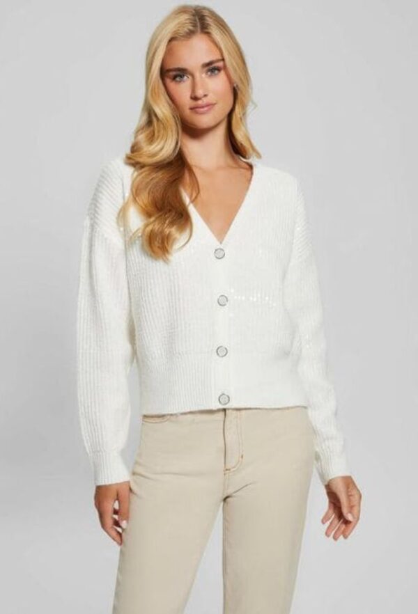 Guess Γυναικεία Πλεκτή Ζακέτα Riley Λευκή