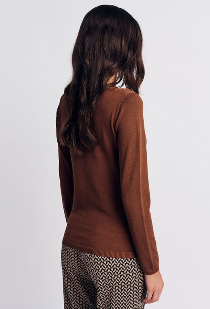 Forel Γυναικείο Μακρυμάνικο Πουλόβερ με V Λαιμόκοψη Σοκολά - Image 3