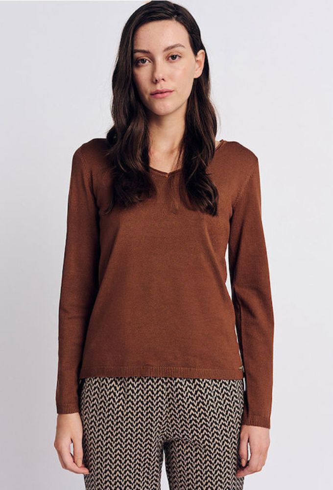 Forel Γυναικείο Μακρυμάνικο Πουλόβερ με V Λαιμόκοψη Σοκολά - Image 4