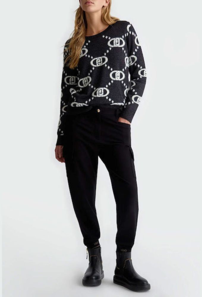 Liu Jo Γυναικεία Μπλούζα Πλεκτή Μαύρη Μεταλιζέ με Άσπρο Λογότυπο - Image 4