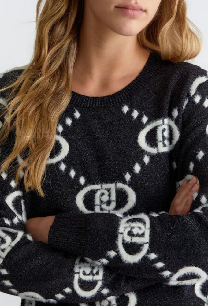 Liu Jo Γυναικεία Μπλούζα Πλεκτή Μαύρη Μεταλιζέ με Άσπρο Λογότυπο - Image 5