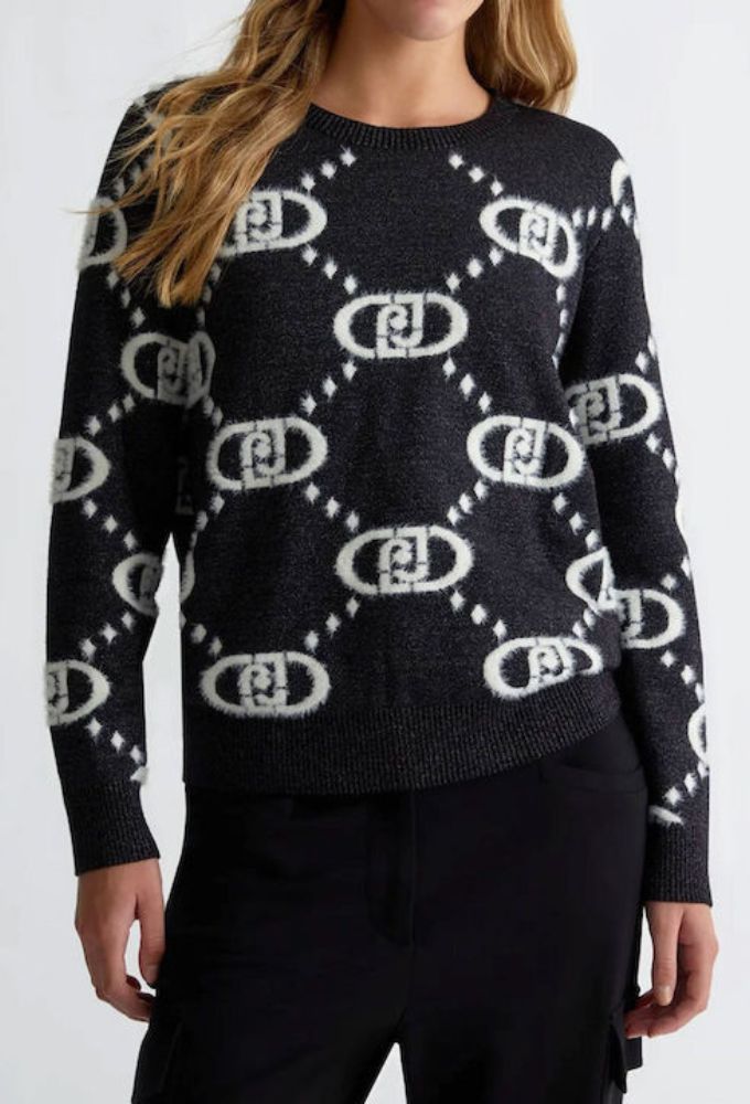 Liu Jo Γυναικεία Μπλούζα Πλεκτή Μαύρη Μεταλιζέ με Άσπρο Λογότυπο