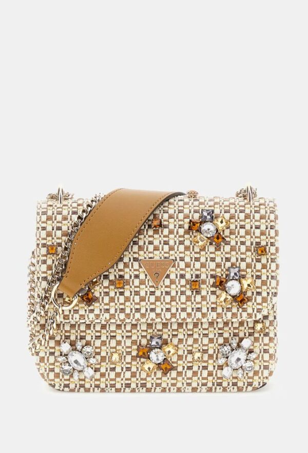 Guess Μίνι Τσάντα Χιαστί Beauvoir Μπεζ με Διακοσμητικές Πέτρες