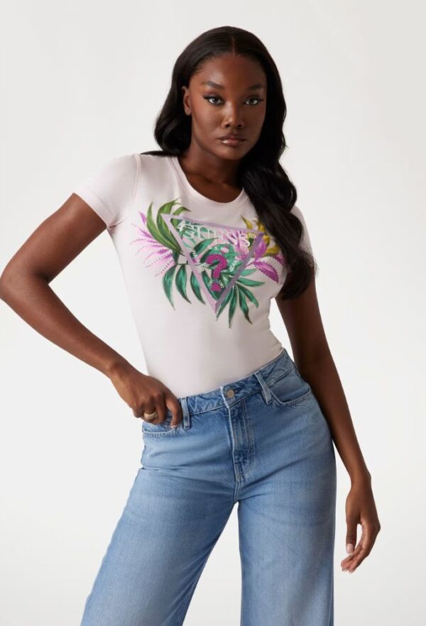 Guess T-shirt Slim με Tριγωνικό Λογότυπο Ροζ