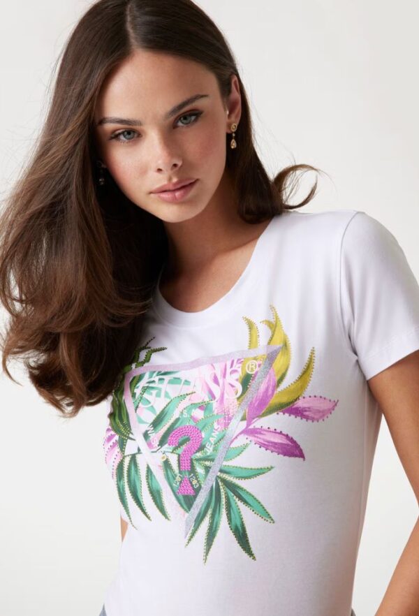 Guess T-shirt Slim με Tριγωνικό Λογότυπο Λευκό