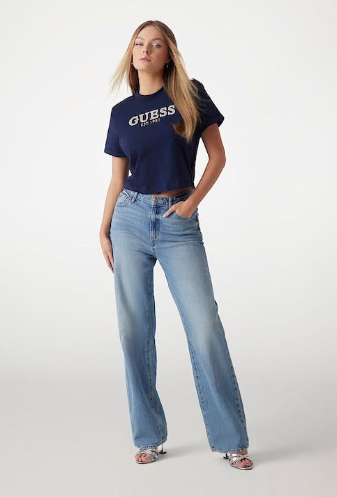 Guess Γυναικείο Crop T-shirt Mπλέ Σκούρο - Image 3