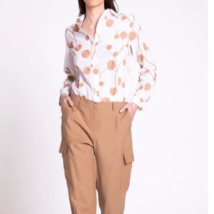 Edas Γυναικείο Πουκάμισο Λευκό με Σχέδια Καφέ