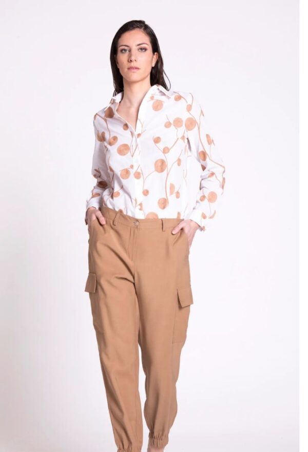 Edas Γυναικείο Πουκάμισο Λευκό με Σχέδια Καφέ