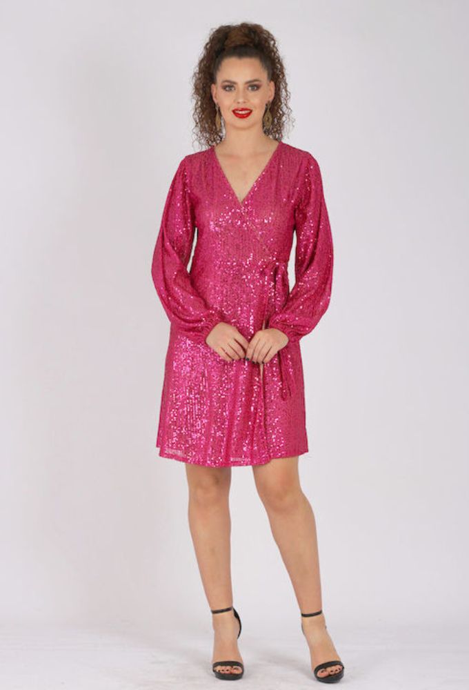 Bibibo Φόρεμα Mini Κρουαζέ με Παγιέτες Φούξια - Image 3